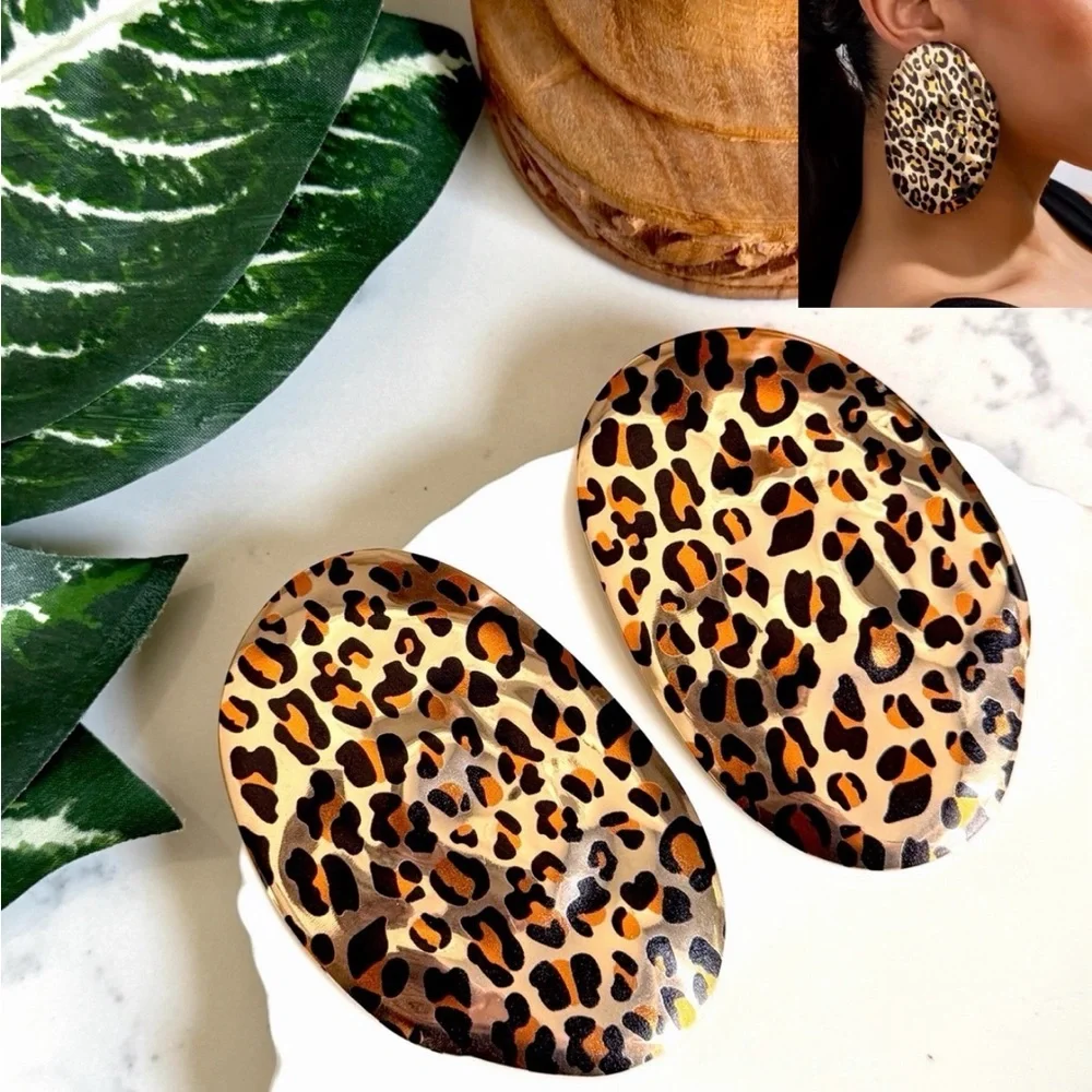 2/$30🌵 Animal Print Cheetah Leopard Jumbo Oval Gold Tone Earrings Boho Gift NEW